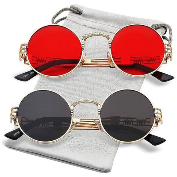 Round Steampunk Sunglasses 2 Pack (Gold/Red,gold/Grey)